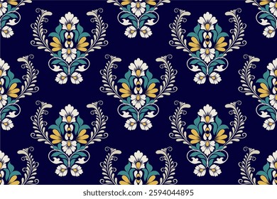 Luxurious damask pattern on dark navy with intricate floral designs and side borders. Suitable for textiles, wrapping paper, book covers, and high-end packaging.