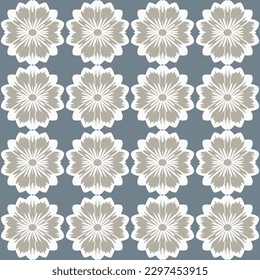 Luxurious, damask-inspired vector pattern with white chrysanthemums repeating seamlessly over dark blue background, ideal for high-end bridal shower invitations or sophisticated tablecloths.
