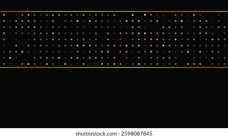 Luxurious dark background with abstract golden lines and glittering dots. Gold halftone backdrop with shimmering sparkles. A stylish and elegant design for modern templates. Vector illustration