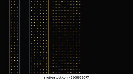 Luxurious dark background with abstract golden lines and glittering dots. Gold halftone backdrop with shimmering sparkles. A stylish and elegant design for modern templates. Vector illustration