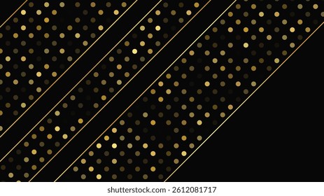 Luxurious dark background with abstract golden lines and glittering dots. Gold halftone backdrop with shimmering sparkles. A stylish and elegant design for modern templates. Vector illustration