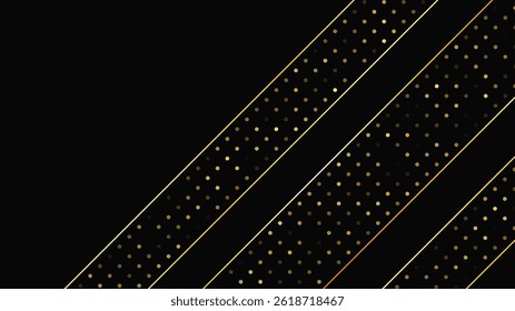 Luxurious dark background with abstract golden lines and glittering dots. Gold halftone backdrop with shimmering sparkles. A stylish and elegant design for modern templates. Vector illustration