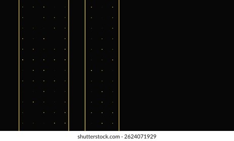 Luxurious dark background with abstract golden lines and glittering dots. Gold halftone backdrop with shimmering sparkles. A stylish and elegant design for modern templates. Vector illustration