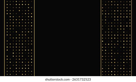 Luxurious dark background with abstract golden lines and glittering dots. Gold halftone backdrop with shimmering sparkles. A stylish and elegant design for modern templates. Vector illustration