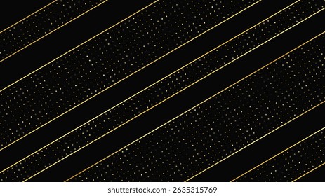Luxurious dark background with abstract golden lines and glittering dots. Gold halftone backdrop with shimmering sparkles. A stylish and elegant design for modern templates. Vector illustration