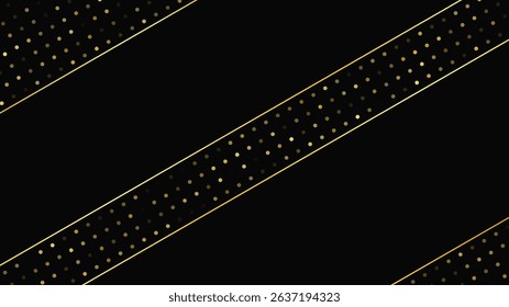 Luxurious dark background with abstract golden lines and glittering dots. Gold halftone backdrop with shimmering sparkles. A stylish and elegant design for modern templates. Vector illustration