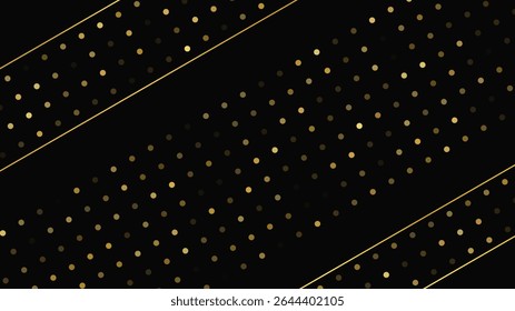 Luxurious dark background with abstract golden lines and glittering dots. Gold halftone backdrop with shimmering sparkles. A stylish and elegant design for modern templates. Vector illustration