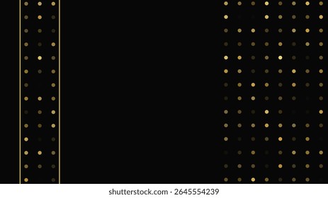 Lujoso fondo oscuro con líneas doradas abstractas y puntos brillantes. Fondo de semitono dorado con destellos brillantes. Un diseño elegante y elegante para Plantillas modernas. Ilustración vectorial