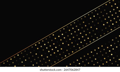 Luxurious dark background with abstract golden lines and glittering dots. Gold halftone backdrop with shimmering sparkles. A stylish and elegant design for modern templates. Vector illustration