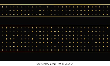 Luxurious dark background with abstract golden lines and glittering dots. Gold halftone backdrop with shimmering sparkles. A stylish and elegant design for modern templates. Vector illustration