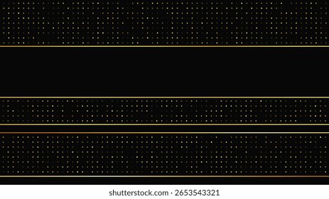 Luxurious dark background with abstract golden lines and glittering dots. Gold halftone backdrop with shimmering sparkles. A stylish and elegant design for modern templates. Vector illustration