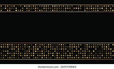 Lujoso fondo oscuro con líneas doradas abstractas y puntos brillantes. Fondo de semitono dorado con destellos brillantes. Un diseño elegante y elegante para Plantillas modernas. Ilustración vectorial