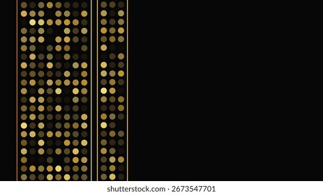 Luxurious dark background with abstract golden lines and glittering dots. Gold halftone backdrop with shimmering sparkles. A stylish and elegant design for modern templates. Vector illustration