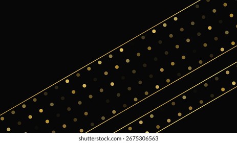 Luxurious dark background with abstract golden lines and glittering dots. Gold halftone backdrop with shimmering sparkles. A stylish and elegant design for modern templates. Vector illustration