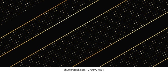 Luxuriöser dunkler Hintergrund mit abstrakten goldenen Linien und glitzernden Punkten. Goldene Halbtonkulisse mit glitzernden Funkeln. Stilvolles und elegantes Design für moderne Vorlagen. Vektorgrafik