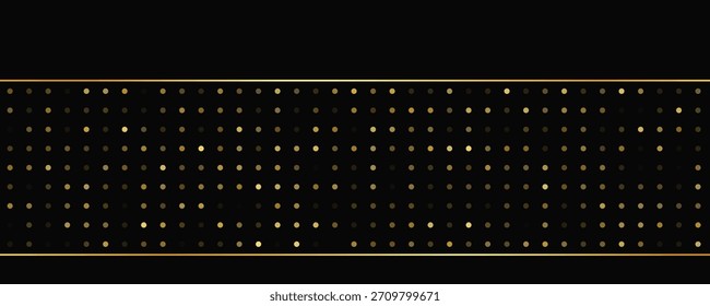 Lujoso fondo oscuro con líneas doradas abstractas y puntos brillantes. Fondo de semitono dorado con destellos brillantes. Un diseño elegante y elegante para Plantillas modernas. Ilustración vectorial