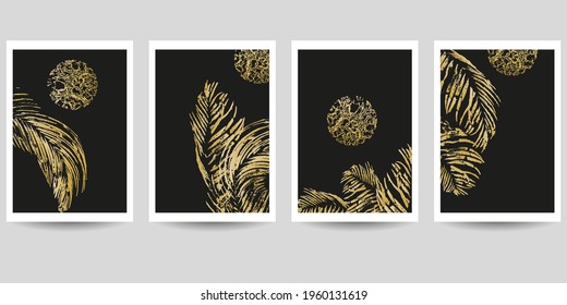 Luxurious dark background with golden palm leaves and the moon. Set of creative templates for weddings, invitations, birthday, parties, cards, posters, covers, wall decor.