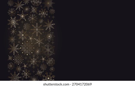 Lujoso fondo oscuro con una columna de Vertical de copos de nieve dorados y estrellas. Ideal para elegantes tarjetas de invierno, Anuncios festivos, invitaciones de vacaciones, diseños de texto y diseños modernos de temporada