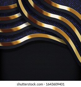 Luxurious dark black gold abstract background. Modern combination with glowing golden stripes elements in vector shapes design style. Creative graphic line art