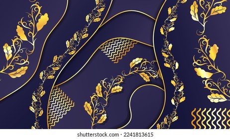 Luxurious dark blue background decorated with golden vintage floral elements. A beautiful illustration for corporate designs, blogs, postcards, posters and your other projects. Vector.