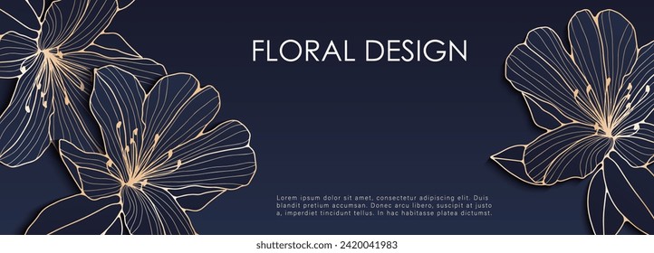 Luxurious dark blue floral design with gold outlines of azalea flowers. Floral background, card, cover design.