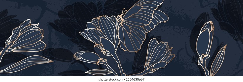 Luxurious dark blue floral illustration with a golden butterfly. Abstract hand drawn illustration