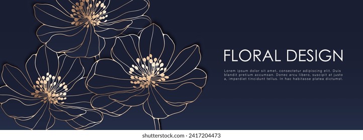 Lujoso diseño floral vectorial azul oscuro con contornos dorados de flores exuberantes. Fondo floral, afiche, pancarta, papel pintado, diseño de portada.