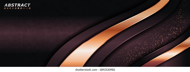 Luxurious Dark Brown Combine with Golden Lines and Dots Element. Long Horizontal Background Design. Usable for Background, Wallpaper, Banner, Poster, Brochure, Card, Web, Presentation.