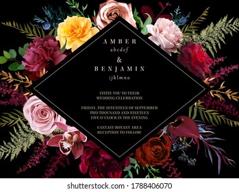 Luxurious dark frame arranged from leaves and flowers. Red, yellow and dusty pink rose, burgundy peony, ranunculus, orchid, astilbe vector design. Masterpiece style. Autumn card. Isolated and editable