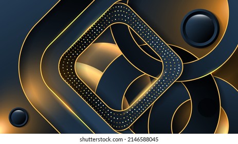 Luxurious dark geometric background with golden elements. Overlapping textured shapes in the rays of light. 3D effect. Template for your projects. Vector.