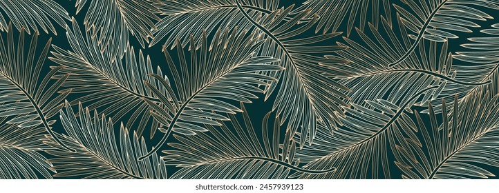 Luxurious dark green tropical background with golden palm fronds. Botanical background, wallpaper, poster, banner, cover.