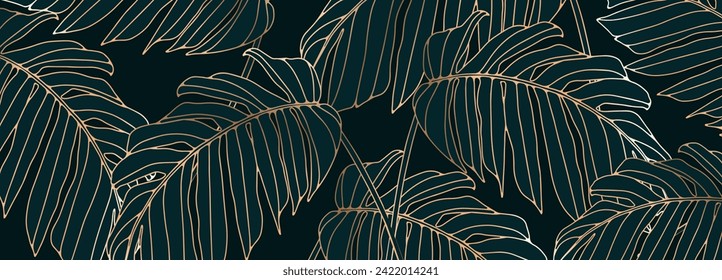 Luxurious dark green tropical design with golden monstera leaves. Botanical card, background, wallpaper, poster, banner.