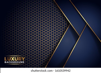 luxurious dark navy gold line overlap background with hexagon mesh pattern combination. elegant modern technology futuristic background vector illustration