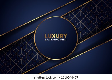 luxurious dark navy gold line overlap with circle and rectagle mesh pattern combination background. elegant modern futuristic technology background vector illustration