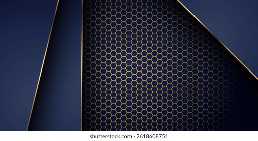 luxurious dark navy gold line overlap background with hexagon mesh pattern combination. elegant modern technology futuristic background. eps10 vector