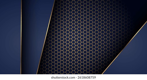 luxurious dark navy gold line overlap background with hexagon mesh pattern combination. elegant modern technology futuristic background. eps10 vector