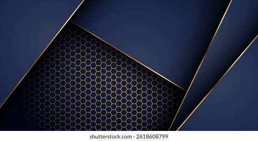 luxurious dark navy gold line overlap background with hexagon mesh pattern combination. elegant modern technology futuristic background. eps10 vector
