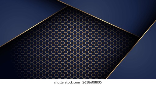 luxurious dark navy gold line overlap background with hexagon mesh pattern combination. elegant modern technology futuristic background. eps10 vector