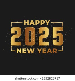 Um luxuoso modelo de banner brilhante escuro para o Ano Novo 2025, com um fundo rico e profundo adornado com acentos dourados e prateados cintilantes. Tipografia elegante para "2025" toma o centro do palco.