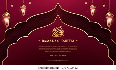 Luxurious deep maroon background features a shimmering golden mosque arch frame and glowing traditional Fanar lanterns, perfect for religious greetings or celebratory banners during Ramadan and Eid.