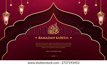 Luxurious deep maroon background features a shimmering golden mosque arch frame and glowing traditional Fanar lanterns, perfect for religious greetings or celebratory banners during Ramadan and Eid.