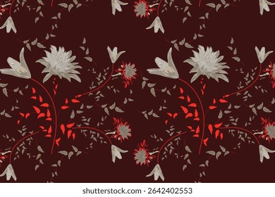 Luxurious, deep-toned florals with intricate details on black backgrounds, perfect for high-end fashion and statement home decor. 