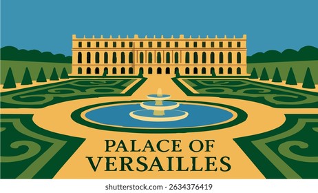 A luxurious depiction of the gardens surrounding the Palace of Versailles, with perfectly manicured lawns, vibrant spring flowers, and grand fountains