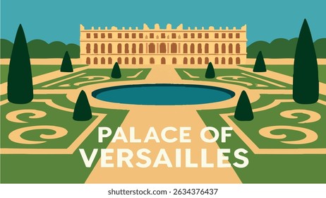 A luxurious depiction of the gardens surrounding the Palace of Versailles, with perfectly manicured lawns, vibrant spring flowers, and grand fountains