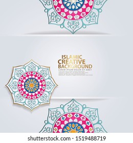 Luxurious design greeting card for major Islamic events, Islamic traditional wedding events and other users with realistic octagonal Islamic ornamental colorful detail of mosaic. Vector illustration.