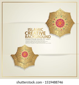 Luxurious design greeting card for major Islamic events, Islamic traditional wedding events and other users with realistic octagonal Islamic ornamental colorful detail of mosaic. Vector illustration.