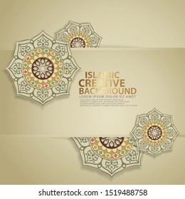 Luxurious design greeting card for major Islamic events, Islamic traditional wedding events and other users with realistic octagonal Islamic ornamental colorful detail of mosaic. Vector illustration.