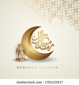 Diseño lujoso ramadan kareem con caligrafía árabe, luna creciente, linterna tradicional y textura de la mezquita de fondo islámico. Ilustración vectorial.