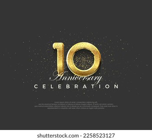 Diseño lujoso con brillantes números dorados, diseño premium para celebraciones del décimo aniversario. Fondo vectorial premium para saludos y celebraciones.