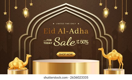 Luxurious design showcasing Eid Al Adha sale banner with discount. Featuring golden camels, glowing lanterns, and a decorative arch on a patterned background, perfect for festive marketing materials.